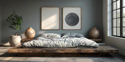 AI Generated Bright and cozy modern bedroom with wooden large bed. smoothing morning light with modern decoration. 3d render photo