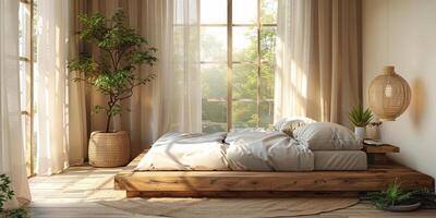 AI Generated Bright and cozy modern bedroom with wooden large bed. smoothing morning light with modern decoration. 3d render photo