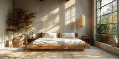 AI Generated Bright and cozy modern bedroom with wooden large bed. smoothing morning light with modern decoration. 3d render photo