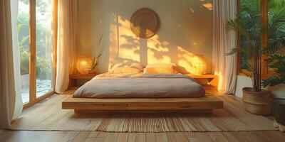 AI Generated Bright and cozy modern bedroom with wooden large bed. smoothing morning light with modern decoration. 3d render photo