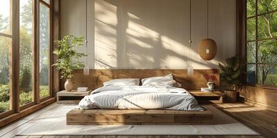 AI Generated Bright and cozy modern bedroom with wooden large bed. smoothing morning light with modern decoration. 3d render photo