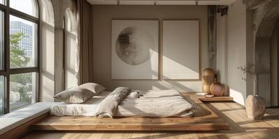 AI Generated Bright and cozy modern bedroom with wooden large bed. smoothing morning light with modern decoration. 3d render photo