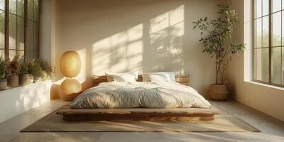 AI Generated Bright and cozy modern bedroom with wooden large bed. smoothing morning light with modern decoration. 3d render photo