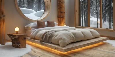 AI Generated Bright and cozy modern bedroom with wooden large bed. smoothing morning light with modern decoration. 3d render photo