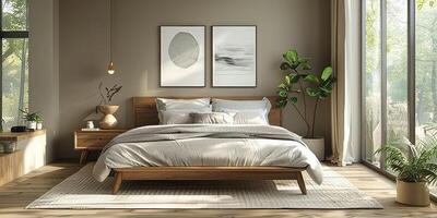 AI Generated Bright and cozy modern bedroom with wooden large bed. smoothing morning light with modern decoration. 3d render photo