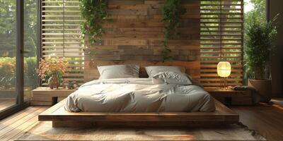 ai generado brillante y acogedor moderno dormitorio con de madera grande cama. suavizado Mañana ligero con moderno decoración. 3d hacer foto