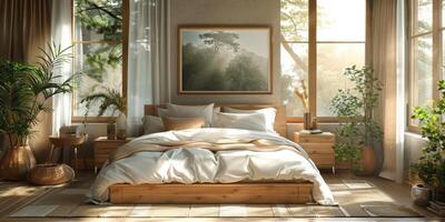 AI Generated Bright and cozy modern bedroom with wooden large bed. smoothing morning light with modern decoration. 3d render photo