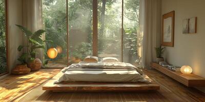 AI Generated Bright and cozy modern bedroom with wooden large bed. smoothing morning light with modern decoration. 3d render photo
