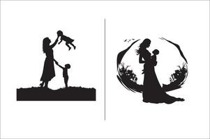 Silhouette mother with a Daughter, mother with a son Vector illustration for Mother's Day.