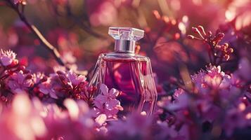 AI generated Perfume bottle in flowers, fragrance on blooming background, floral scent and cosmetic product photo