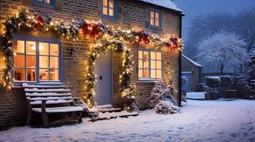 ai generado Navidad en el campo, cabaña y jardín decorado para Días festivos en un Nevado invierno noche con nieve y fiesta luces, Inglés país peinado foto