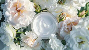 ai generado cara crema hidratante como protección de la piel y cuidado del cuerpo producto con flores fondo, spa y orgánico belleza productos cosméticos para natural piel cuidado rutina foto