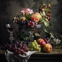 AI generated Classic still life with fruits and wine photo