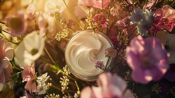 AI generated Face cream moisturiser as skincare and bodycare product with flowers background, spa and organic beauty cosmetics for natural skin care routine photo