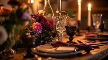 AI generated Dinner table setting in the warm glow of candlelight, tablescape featuring floral centerpiece, elegant burgundy glassware, and luxurious gold cutlery photo