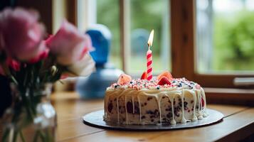 ai generado hecho en casa cumpleaños pastel en el Inglés campo casa, cabaña cocina comida y fiesta horneando receta foto