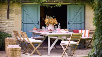 ai generado casa de Campo al aire libre comida muebles, interior diseño y jardín, de madera mesa con sillas, mueble y hogar decoración, país cabaña estilo foto