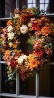 AI generated Autumn wreath decoration, autumn holiday season in the English countryside style, botanical autumnal decor photo