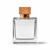 AI generated Mens perfume bottle with wooden cap isolated on white background, elegant fragrance and luxury scent, generative ai photo