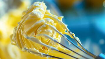 AI generated Whisk in bowl with creamy yellow batter, butter or custard, homemade baking and traditional food, country life photo