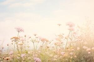 ai generado pintoresco prado lleno con vibrante flores silvestres, tomando el sol en el calentar luz de sol de el Inglés campo, naturaleza antecedentes foto