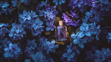 AI generated Perfume bottle in flowers, fragrance on blooming background, floral scent and cosmetic product photo