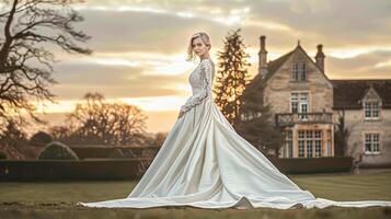 AI generated Bride wearing long satin wedding gown, woman in white bridal dress at the manor, wedding fashion campaign and glamour look photo