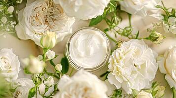 ai generado cara crema hidratante como protección de la piel y cuidado del cuerpo producto con flores fondo, spa y orgánico belleza productos cosméticos para natural piel cuidado rutina foto