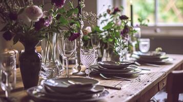 AI generated Dinner table setting in the warm glow of candlelight, tablescape featuring floral centerpiece, elegant burgundy glassware, and luxurious gold cutlery photo