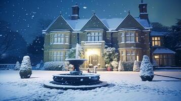 AI generated Christmas in the countryside manor, English country house mansion decorated for holidays on a snowy winter evening with snow and holiday lights, Merry Christmas and Happy Holidays photo