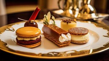 AI generated Food, dessert and hospitality, sweet desserts in restaurant a la carte menu, English countryside exquisite cuisine, culinary art and fine dining photo