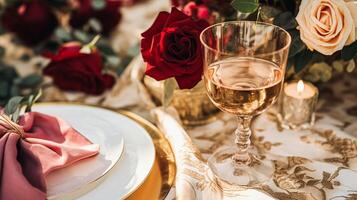 ai generado Boda y evento celebracion paisaje de mesa con flores, formal cena mesa ajuste con rosas y vino, elegante floral mesa decoración para cena fiesta y fiesta decoración, hogar peinado foto