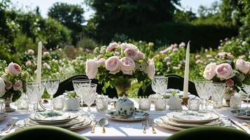 ai generado jardín fiesta paisaje de mesa, elegancia con floral mesa decoración foto