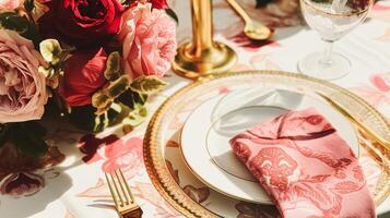 ai generado Boda y evento celebracion paisaje de mesa con flores, formal cena mesa ajuste con rosas y vino, elegante floral mesa decoración para cena fiesta y fiesta decoración, hogar peinado foto