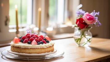 ai generado hecho en casa cumpleaños pastel en el Inglés campo casa, cabaña cocina comida y fiesta horneando receta foto