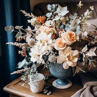 AI generated Floral arrangement with winter, autumn or early spring botanical plants and flowers photo