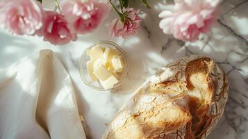 ai generado un pan y manteca, hecho en casa horneando y tradicional alimento, país vida foto