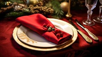 AI generated Holiday table decor, Christmas holidays celebration, tablescape and dinner table setting, English country decoration and home styling photo