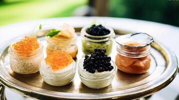 AI generated Food, hospitality and room service, starter appetisers with caviar as exquisite cuisine in hotel restaurant a la carte menu, culinary art and fine dining photo