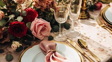 ai generado Boda y evento celebracion paisaje de mesa con flores, formal cena mesa ajuste con rosas y vino, elegante floral mesa decoración para cena fiesta y fiesta decoración, hogar peinado foto