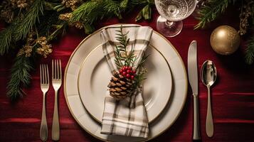 AI generated Holiday table decor, Christmas holidays celebration, tablescape and dinner table setting, English country decoration and home styling photo