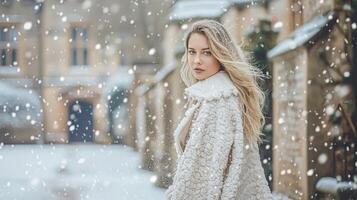 ai generado invierno moda, rubia mujer retrato al aire libre con nieve, nupcial belleza estilo, Boda Moda Campaña y glamour Mira foto