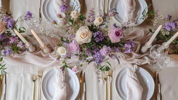AI generated Wedding decor with lavender theme, floral decoration design and beautiful decor setting arrangement photo
