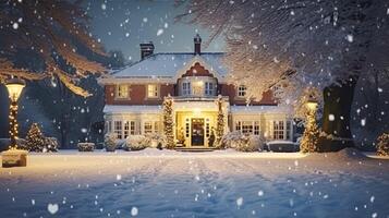 ai generado Navidad en el campo señorío, Inglés país casa mansión decorado para Días festivos en un Nevado invierno noche con nieve y fiesta luces, alegre Navidad y contento Días festivos foto