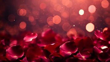 AI generated Valentines day background with red rose petals and bokeh lights, symbol of love, romance and commitment photo