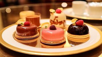 AI generated Food, dessert and hospitality, sweet desserts in restaurant a la carte menu, English countryside exquisite cuisine, culinary art and fine dining photo