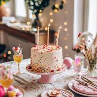 AI generated Birthday tablescape or candy bar with sweets, Birthday cake and cupcakes, beautiful party celebration photo