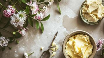 AI generated Creamy homemade butter in bowl, traditional food and country life photo