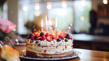 ai generado hecho en casa cumpleaños pastel en el Inglés campo casa, cabaña cocina comida y fiesta horneando receta foto