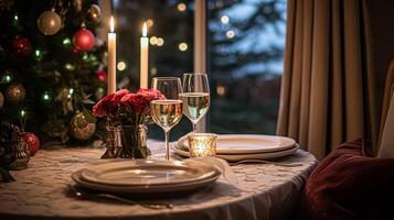 ai generado festivo fecha noche paisaje de mesa idea, cena mesa ajuste para dos y Navidad, nuevo año, san valentin día decoración, Inglés país hogar peinado foto